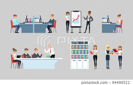 Scenes at office. Business people taking part in business meeting, brainstorming, working on computer and presenting new project flat vector Scenes at office. Business people taking part in business meeting, brainstorming, working on computer and presenting new project flat vector 94498522