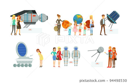 People visiting space museum exhibition and watching space rocket, satellite, astronaut suits vector illustration 94498530