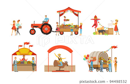 Outdoor farmer market with stalls, vendors and clients. Farmers selling eco organic farm products set vector illustration 94498532