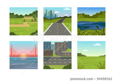 Set of natural landscapes. Park, meadow, lake, river, cityscape scene with road summer background vector illustration 94498562