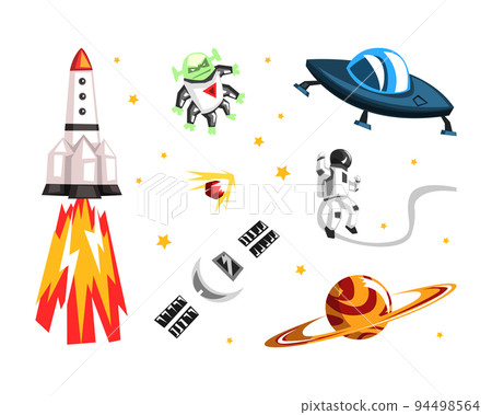 Space objects collection. Planet, astronaut, alien, satelite, space rocket vector illustration 94498564