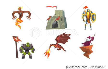 Set of medieval fantasy characters. Knight, fire breathing dragon, wizard, ogre cartoon vector illustration 94498565