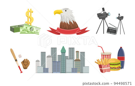 Set of USA traditional cultural symbols. Dollar money, fast food dishes, movie objects, baseball sports equipment vector illustration Set of USA traditional cultural symbols. Dollar money, fast food dishes, movie objects, baseball sports equipment vector illustration 94498571