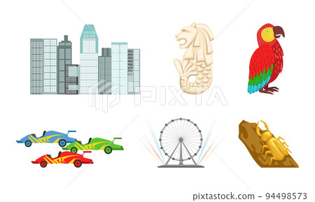 Set of Singapore traditional cultural symbols. Skyscraper, ferris wheel, parrot, motorsport race cars vector illustration 94498573