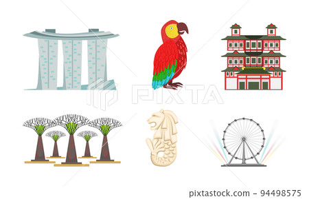 Set of Singapore traditional cultural symbols. Supertrees, ferris wheel, parrot, Buddha Tooth Relic Temple and Marina Bay Sands hotel vector illustration 94498575