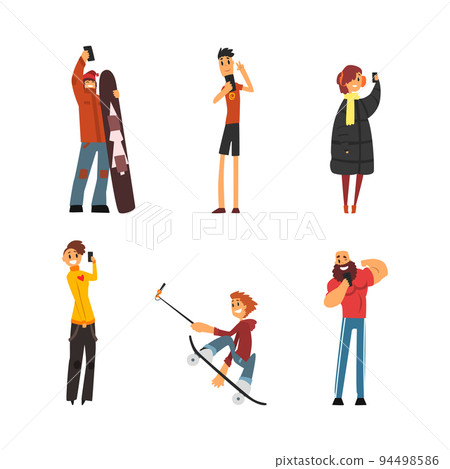 Men and women using smartphones for selfie and communication set. Social media people concept vector illustration Men and women using smartphones for selfie and communication set. Social media people concept vector illustration 94498586
