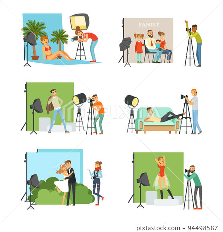 Male and female photographers working at photographic studio photographing people during photo session set flat vector illustration Male and female photographers working at photographic studio photographing people during photo session set flat vector illustration 94498587