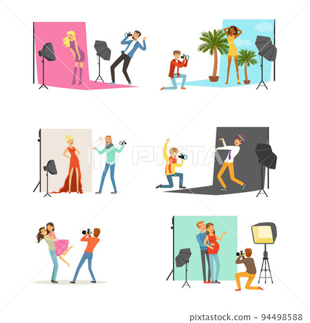 Male photographers working at photographic studio photographing models during photo session set flat vector illustrati Male photographers working at photographic studio photographing models during photo session set flat vector illustrati 94498588