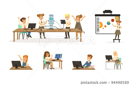 Elementary school students working on robotics project. Children with laptops creating, programming and presenting robot vector illustration Elementary school students working on robotics project. Children with laptops creating, programming and presenting robot vector illustration 94498589