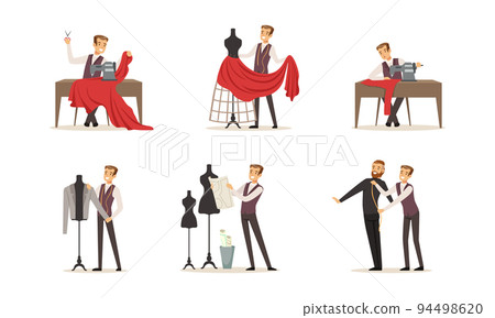 Male dressmakers creating and sewing clothes set. Clothing designer measuring, sewing and trying on apparel on model at tailor shop vector illustration 94498620