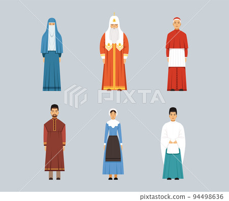 Representatives of religious confession set. Catholic Cardinal, Orthodox Patriarch, Mennonite or Amish woman vector illustration Representatives of religious confession set. Catholic Cardinal, Orthodox Patriarch, Mennonite or Amish woman vector illustration 94498636
