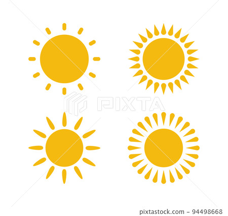 Yellow flat sun with rays icons in various design. Sun silhouette icons. Graphic weather signs. Symbol of heat, warm and climate. Vector illustrations set isolated on white background 94498668