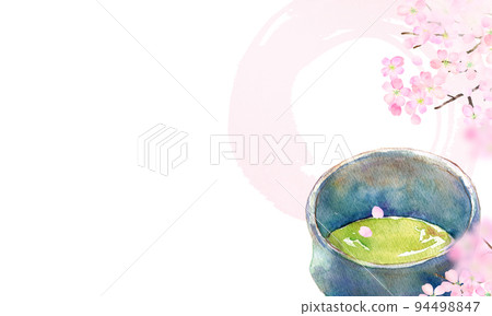 櫻花和抹茶背景材料水彩 櫻花和抹茶背景材料水彩 94498847