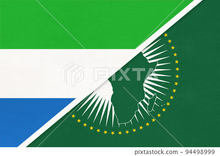 African Union and Sierra Leone or Salone national flag from textile. Africa continent vs symbol African Union and Sierra Leone or Salone national flag from textile. Africa continent vs symbol 94498999