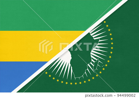 African Union and Gabon national flag from textile. Africa continent vs Gabonese symbol 94499002