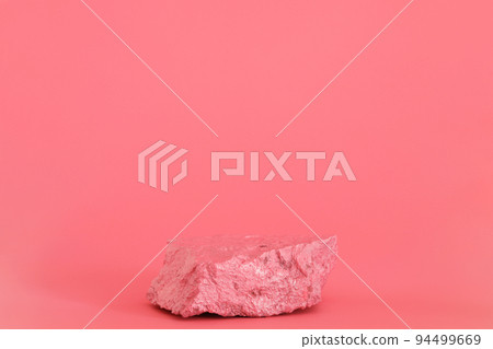 Pink stone, rock podium on the pink background. Podium for product, cosmetic presentation. Creative mock up. Pedestal or platform for beauty products. Pink stone, rock podium on the pink background. Podium for product, cosmetic presentation. Creative mock up. Pedestal or platform for beauty products. 94499669