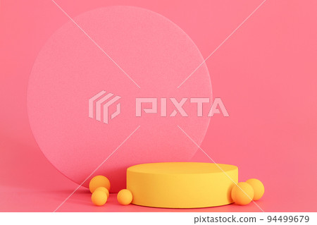 Yellow podium on the pink background. Podium for product, cosmetic presentation. Free space, copy space for text or logo. Pedestal or platform for beauty products. Yellow podium on the pink background. Podium for product, cosmetic presentation. Free space, copy space for text or logo. Pedestal or platform for beauty products. 94499679