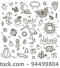 Doodle nature vector set of outlined animals, birds and insects. Charming hedgehog, bee, stork, pumpkin, butterfly, snail 94499804