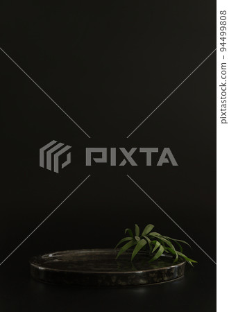 Black podium on the black background with tropical leaves. Podium for product, cosmetic presentation. Creative mock up. Pedestal or platform for beauty products. Black podium on the black background with tropical leaves. Podium for product, cosmetic presentation. Creative mock up. Pedestal or platform for beauty products. 94499808
