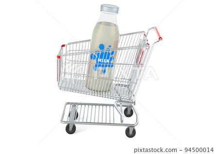 Glass milk bottle inside shopping basket. 3D rendering 94500014