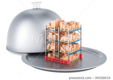 Restaurant cloche with double pallet rack full of parcels, 3D rendering Restaurant cloche with double pallet rack full of parcels, 3D rendering 94500019