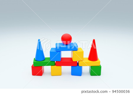 Close-up bright colorful toy made of plastic blocks. children's building tower, castle, house. volume style illustration isolated on white background. 3d illustration Close-up bright colorful toy made of plastic blocks. children's building tower, castle, house. volume style illustration isolated on white background. 3d illustration 94500036