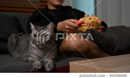 Happy man with remote control eating popcorn and watching movie in living room. Entertainment and leisure activity concept 94500046