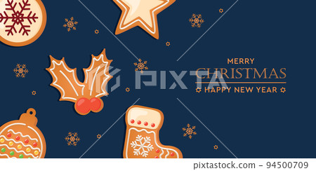christmas greeting card with gingerbread cookies decoration on blue background christmas greeting card with gingerbread cookies decoration on blue background 94500709