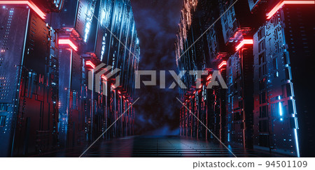 3d rendering concept sci fi scene illustration. Row of metal tower in outer space with grid pattern floor. 3d rendering concept sci fi scene illustration. Row of metal tower in outer space with grid pattern floor. 94501109