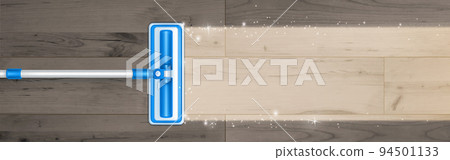 Mop cleaning dirty floor, sweeps dust top view Mop cleaning dirty floor, sweeps dust top view 94501133
