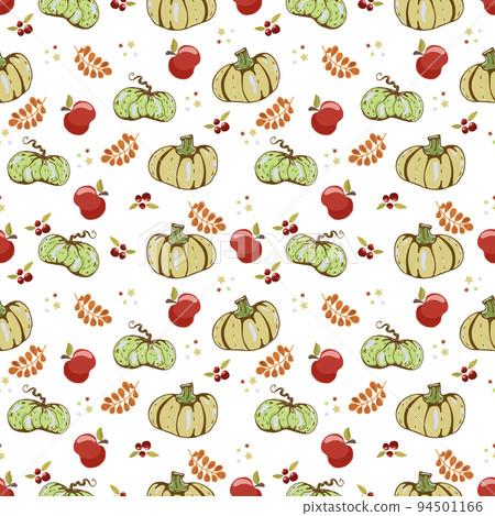 Autumn seamless vector pattern with pumpkins and fall leaves. Hand drawn illustration. 94501166