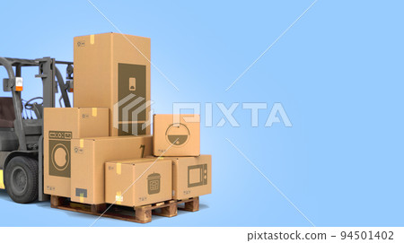 delivery from the store concept The loader loads boxes with equipment 3d render on color background delivery from the store concept The loader loads boxes with equipment 3d render on color background 94501402