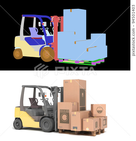 delivery from the store concept The loader loads boxes with equipment 3d render on white with alpha cut delivery from the store concept The loader loads boxes with equipment 3d render on white with alpha cut 94501403
