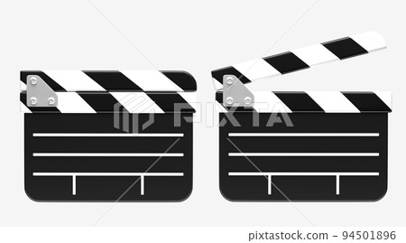 Film clapperboards open and closed icons isolated on white background, front view. Realistic filmmaking equipment, cinema production, clappers for shooting footages or movie scenes Film clapperboards open and closed icons isolated on white background, front view. Realistic filmmaking equipment, cinema production, clappers for shooting footages or movie scenes 94501896