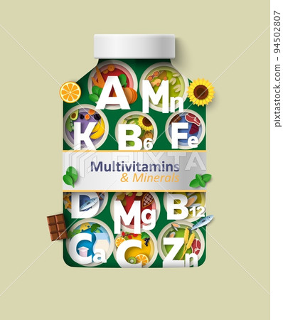 Vitamin and mineral supplement in vector bottle 94502807