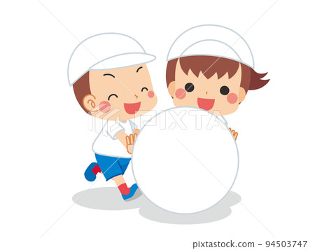 一個可愛的小男孩和女孩在滾動一個大球時奔跑的插圖白色背景人運動日全身矢量 一個可愛的小男孩和女孩在滾動一個大球時奔跑的插圖白色背景人運動日全身矢量 94503747