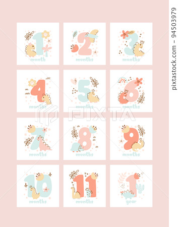 Set of baby milestone cards for newborn girl from one month to one year. Baby shower print with cute animal dino and flowers capturing all special moments Set of baby milestone cards for newborn girl from one month to one year. Baby shower print with cute animal dino and flowers capturing all special moments 94503979