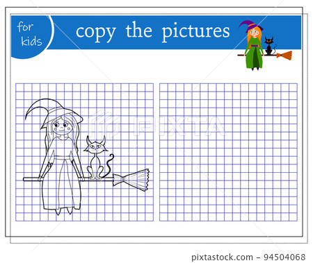 Copy the picture, educational games for children, cartoon witch flying on a broom with a cat. vector Copy the picture, educational games for children, cartoon witch flying on a broom with a cat. vector 94504068