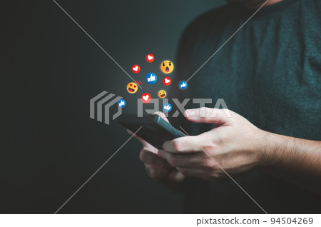 Man using smartphone and chatting in social media app. Social gathering technology and digital online marketing concept. Social distancing and working from home theme. Global communication phone Man using smartphone and chatting in social media app. Social gathering technology and digital online marketing concept. Social distancing and working from home theme. Global communication phone 94504269