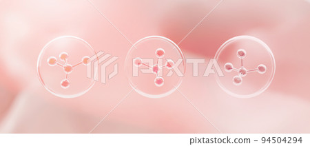 Molecule atoms structure inside bubbles on pink skin background. Cosmetics skincare or human skin treatment and solution. 3d illustration rendering 94504294