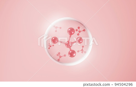 Molecule atoms inside bubbles on pink skin background. Cosmetics skincare or human skin treatment and solution. 3d illustration rendering 94504296