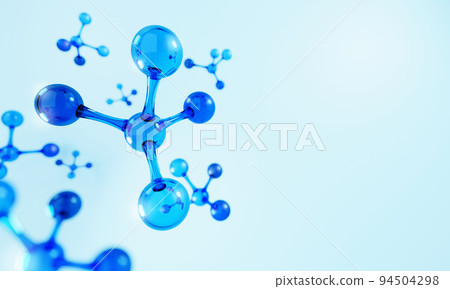 Closeup of blue molecule atoms structures on blue liquid serum background. Cosmetics skincare or human skin treatment and solution. 3d illustration rendering 94504298