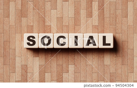 SOCIAL wooden word block cubes with laminate background. Communication technology and object concept. 3D illustration rendering 94504304