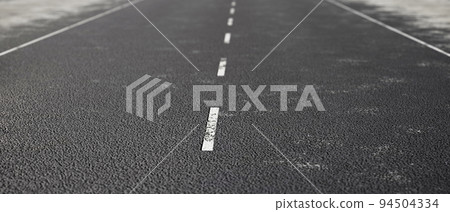 Rough and grunge asphalt road surface. Transport and Travel concept. This image has no blurriness and artifact, only depth of field and road texture. Panoramic banner. 3D illustration rendering 94504334