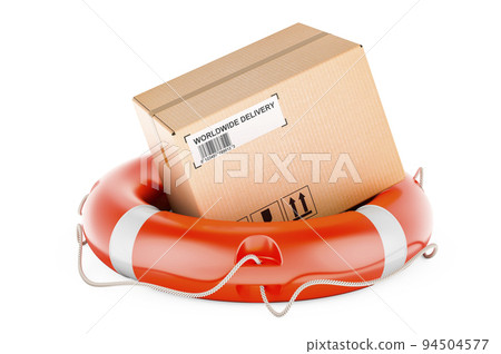 Parcel inside lifebuoy. Safety delivery concept. 3D rendering 94504577
