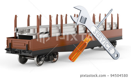 Railroad car full of rolled metal products with screwdriver and wrench, 3D rendering 94504580