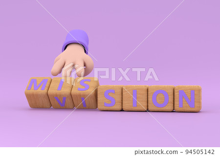Hand turns dice and changes the word "mission" to "vision". 94505142
