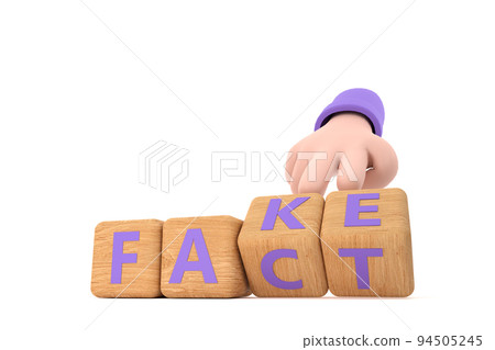 Hand turns dice and changes the word "fake" to "fact". 94505245