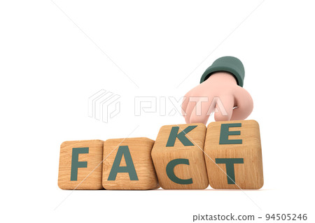 Hand turns dice and changes the word "fake" to "fact". 94505246