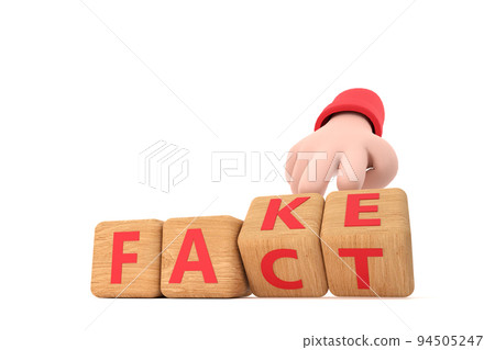 Hand turns dice and changes the word "fake" to "fact". 94505247